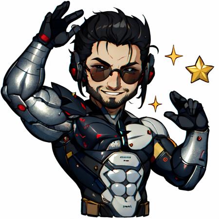 Highly detailed, High Quality, Masterpiece, beautiful, solo, 1boy, (chibi:1.4), white background, simple background, <lora:DarkCabalChibiStyle:1>, Jetstream Sam, facial hair, male focus, beard, cyborg, <lora:Char_MGR_JetstreamSam:0.7>, smile, sunglasses, flexing, star \(symbol\), sparkle,