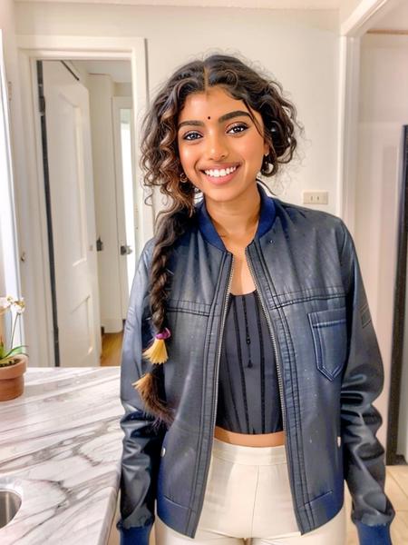 Avantika, big smile, bindi, cute, photograph, ((upper body focus)), brown eyes, absurdres, masterpiece,dynamic pose, teeth, (denim jacket, white leggings) facing viewer, in kitchen, happy, long hair, braid,  looking at viewer, blurry background, curly hair, shallow depth of field