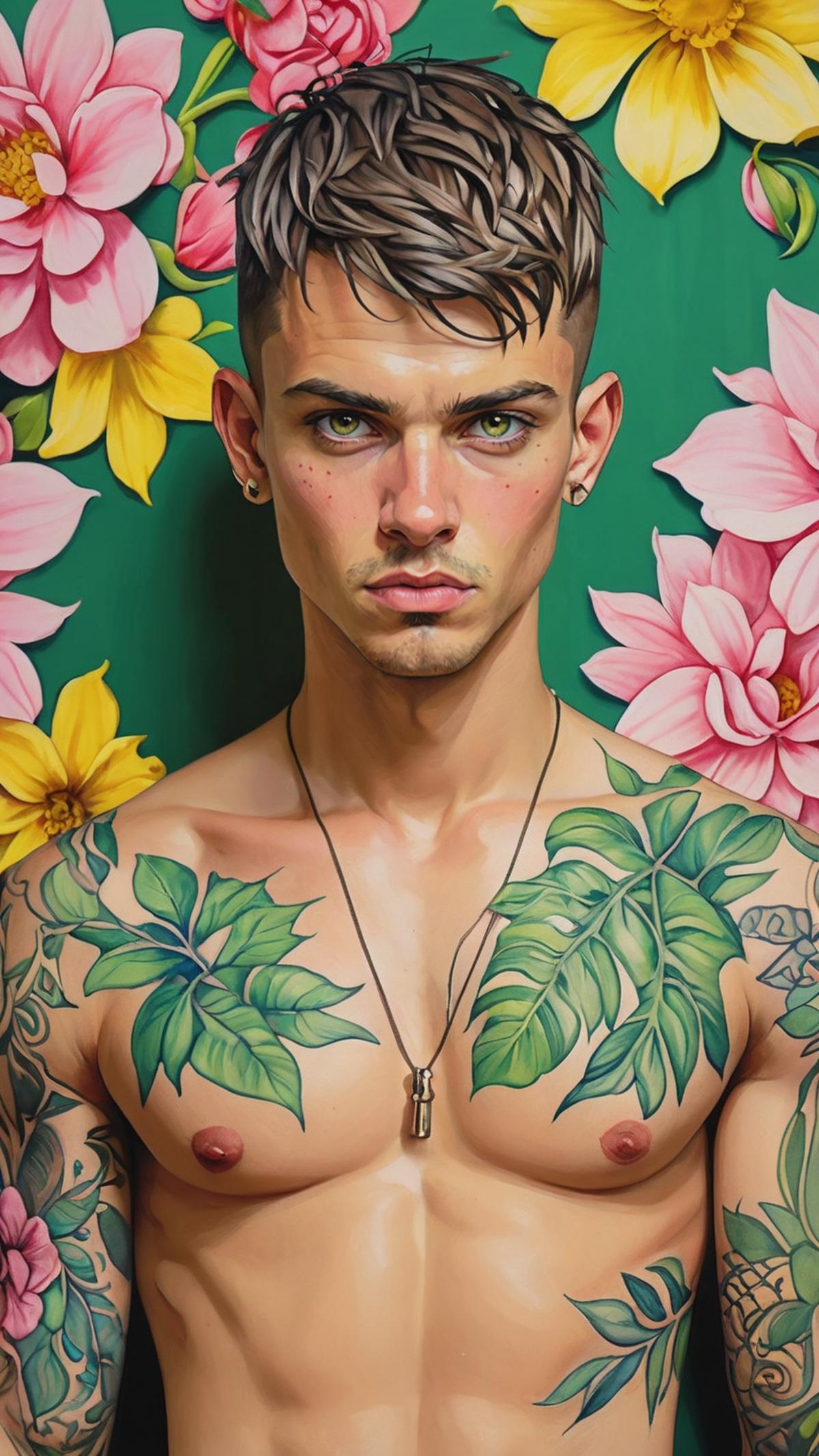 A young man with green eyes, tattoos, and a necklace poses for a portrait.