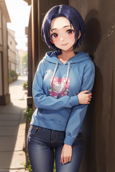 (masterpiece, best quality:1.2), <lyco:idolmaster_miura-10:0.9>, <lyco:concept_handonownarm-11:1.0>, cowboy shot, solo, 1girl, miura azusa, smile, looking at viewer, hand on own arm, ahoge, hoodie, jeans