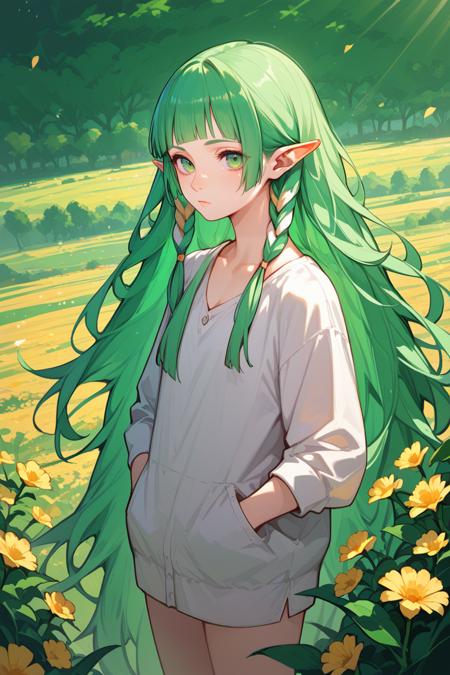 FESothis, 1girl, green hair, long hair, blunt bangs, pointy ears