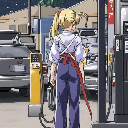 <lora:Furiava_Haakdith:1>,  a gas station at night with a person standing at the gas pump at the end of the road and a car parked in the lot, 1girl, armor, bangs, blonde hair, boomerang, eyebrows visible through hair, from behind, full body, harem pants, high heels, highres, japanese armor, kote, leotard, long hair, over shoulder, pants, pointy ears, pointy shoes, ponytail, shoes, signature, sketch, solo, striped, vertical-striped pants, vertical stripes, weapon, weapon over shoulder