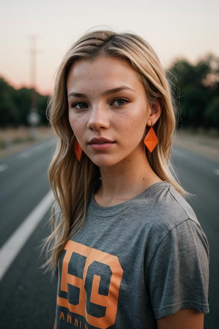 photo of (ryamp0lsky-135:0.99), closeup portrait, perfect blonde hair, portrait, (modern photo, Charcoal Gray graphic tee), 24mm, (analog, cinematic, film grain:1.3), (plain Road Sign Orange background, gradient:1.1), ((detailed eyes)), (seductive pose), (epicPhoto), earrings