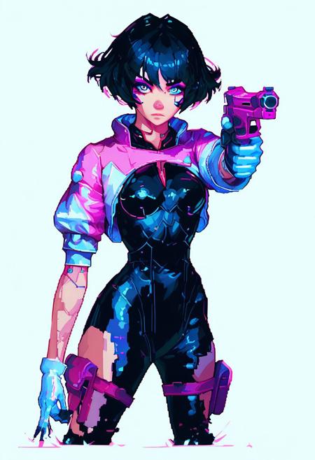 1girl, solo, cpsasha, black bodysuit, thigh holster, makeup, android, cropped jacket, gloves, short hair, black hair, multicolored eyes, handgun, aiming, white background, score_8_up, score_7_up, score_9, Pixel Art