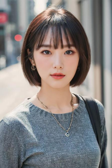 a woman, (realistic), (hyperrealism), (photorealistic), depth of field, eye makeup:0.5, (upper body:1.2), (narrow waist:0.7), looking at the viewer, casual outfit, at the city streets, <lora:yenatest:0.45>