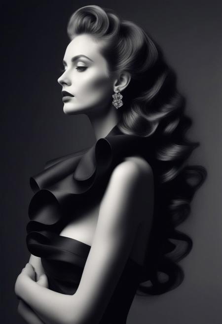 Avant-garde Fashion page, A black and white photograph of a beautiful woman with long, wavy hair standing in profile. She is posing with her arms crossed over her chest, and she is wearing prominent, stylish earrings. The image has a high contrast with soft lighting that casts gentle shadows, highlighting her form and features. The background is plain and unobtrusive, focusing attention entirely on the subject. The mood of the image is elegant and artistic