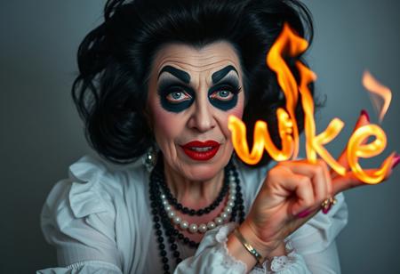 A very old drag queen girl with black makeup and pink nails, looking like she just failed something, shaking her head, drawing the letters "Woke" using flamess, in the air, with a finger, photo by helmut newton