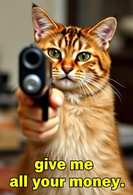 meme, amateur photo of a stupid looking cat with a gun pointed at the viewer. bottom text: "give me all your money"