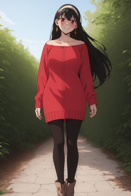 outdoors, nature, 
<lora:çº¦å°3V:1>,yor briar,1girl,solo,greeen hair,long hair,bangs,gold earrings,red eyes,sidelocks,blush, light smile, 
çº¢è£é²è,jewelry,white hairband,sweater dress,red sweater,collarbone,bare shoulders,off shoulder,black pantyhose,brown footwear,boots,high heels,, Exquisite visuals, high-definition,masterpiece,best quality,Exquisite visuals,high-definition,masterpiece,best quality,18yo,Young female,Beautiful Fingers,Beautiful long legs,Beautiful body,Beautiful character design,