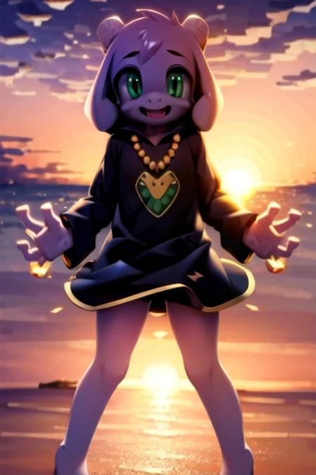 <lora:asriel-30:1>, green eyes, smile, beach, black clothes, horns, sunrise