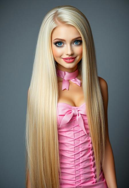 a professional photo of a hair model, looks like a Barbie doll, bimbo, extremely long straight blonde hair, side parted hair, big blue eyes, glamorous makeup, pink lipstick, smiling, pink corset dress, pink choker with bow, thin legs