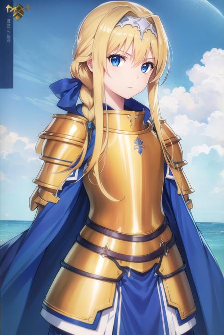 alicezuberg, <lora:alicezuberg-lora-nochekaiser:1>, 
alice zuberg, bangs, blue eyes, blonde hair, hair between eyes, very long hair, braid, hairband, white hairband,
BREAK dress, cape, armor, blue dress, shoulder armor, gauntlets, pauldrons, breastplate, armored dress, faulds, blue cape, knight, (gold armor:1.5), body armor,
BREAK outside, forest, nature, sun, sky,
BREAK looking at viewer, (cowboy shot:1.5),
BREAK <lyco:GoodHands-beta2:1>, (masterpiece:1.2), best quality, high resolution, unity 8k wallpaper, (illustration:0.8), (beautiful detailed eyes:1.6), extremely detailed face, perfect lighting, extremely detailed CG, (perfect hands, perfect anatomy),