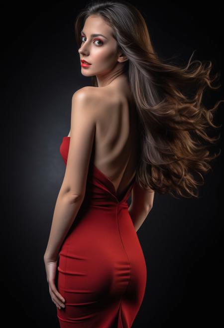 3/4 shot professional photograph of a beautiful woman with long flowing brunette hair, from behind, head turned toward the viewer, sensual, light-colored eyes, wearing a smooth form fitting minidress, very low back dress, (red dress:1.1), strapless dress, emotions, UHD, HDR, RAW photo, highly detailed skin, black background