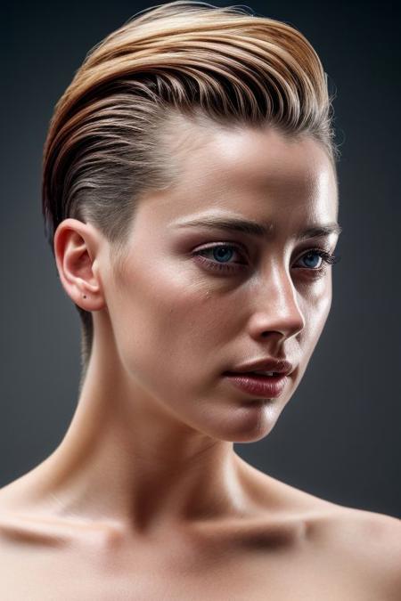 (CR-AmberHeard-aicelebart:0.85), full color portrait of woman, (oiled shiny skin:1.0), face close up, (undercut hair:1.1), nude, 
masterpiece, best quality, sharp focus, highres 8k uhd, ultra-detailed, rim light, deep grey background,