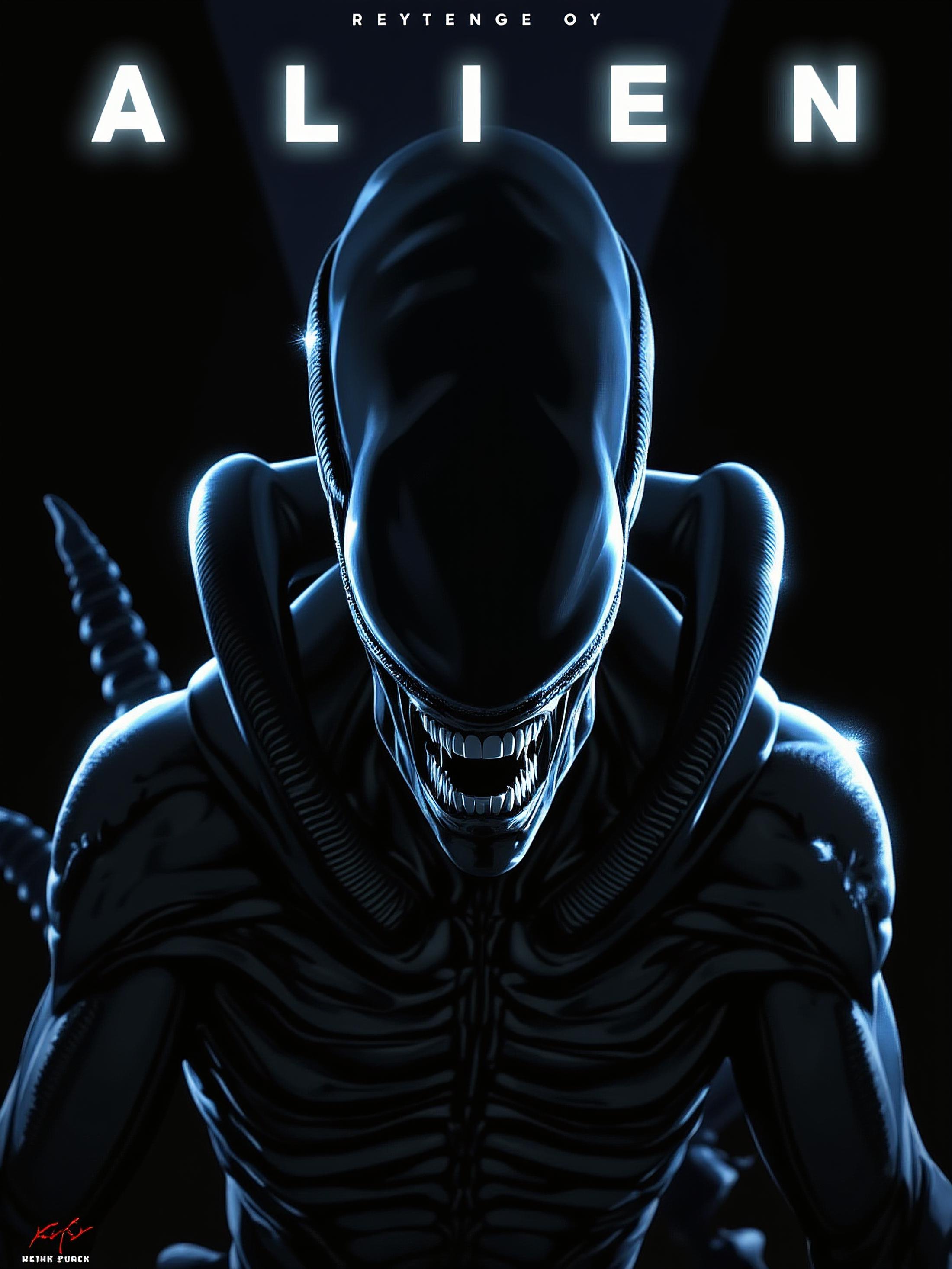 Anime style digital comic book cover, rule of thirds, gothicpunk, xenomorph as the protagonist in a revenge film, back lit, rim lighting, dark, brooding, with the title "ALIEN" in bold letters.