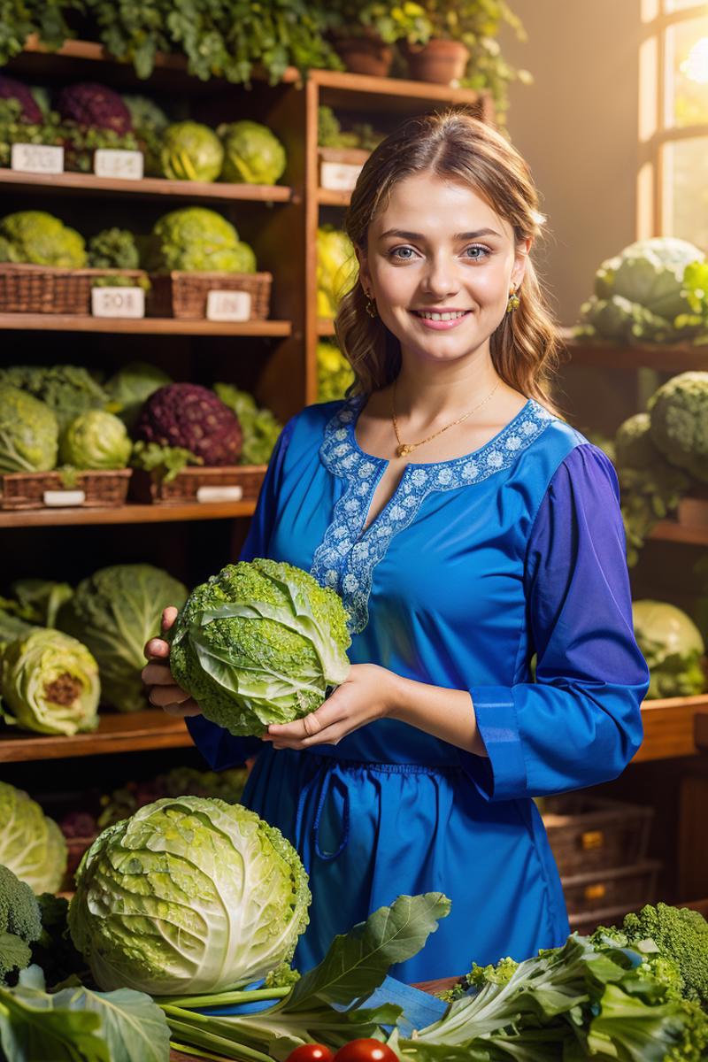A woman holding a head of lettuce and cabbage in a vegetable market.