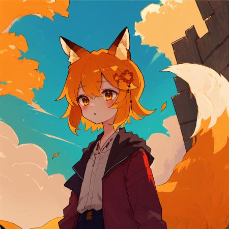 masterpiece, best quality, detailed background, cinematic lighting, senko-san, sen, animal ears, fox ears, fox girl, fox tail, hair flower, hair ornament, orange eyes, orange hair, short hair, tail, flat chest, 1girl, solo, detailed background, cloudy, sunrays, dusk, cloud, sky, outdoors, cloudy sky, leaf, ruins, sunbeam, post-apocalypse, side view, girl explores ruins of field, broken stained glass, deserted spaces, detailed background, extremely detailed, <lora:senkoLora_v1:2.6>