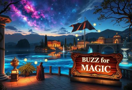 A mystical landscape at twilight, centered around a glowing crystal lake reflecting vibrant nebulae and distant galaxies. Grand marble columns and statues reminiscent of Italian architecture line the shores, adorned with glowing vines. Towering bioluminescent trees with ornate branches softly illuminate the scene, while terraced villas and cascading fountains, inspired by Tuscany, rise in the distance. Iridescent mountains blend with the luminous clouds above, creating a dreamlike horizon.
In the foreground, a figure in flowing robes reminiscent of Renaissance nobility stands on a stone piazza leading to the lake. Around them, floating orbs of light and ancient runes circle as they weave a magical spell. Nearby, an elegant wooden sign made from polished mahogany, with intricate scrollwork and gilded edges, reads ‘BUZZ for MAGIC’ in sleek Futura font, glowing faintly in neon white, perched atop a stone pedestal. In the background, a large flag sways gently in the wind, a seamless blend of the American flag’s stars and stripes with the Star of David from the Israeli flag, representing unity and strength. Golden lanterns sway in the gentle breeze, adding warmth to the serene atmosphere. The entire scene is a fusion of otherworldly beauty, timeless Italian elegance, and symbolic unity, where nature, art, and magic blend in perfect harmony