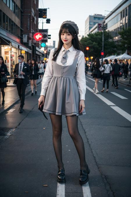 best quality, quality, masterpiece, photorealistic, 1girl, solo, long black hair, straight hair, blunt bangs, looking at viewer, smile, cyb dress, cyb shirt, cyb skirt, necktie, suspender skirt, suspenders, hat, black pantyhose, shoes, street, shop, sidewalk, city, night, neon light, crowd, colorful, <lora:dating_attire_style4_v1:0.65>