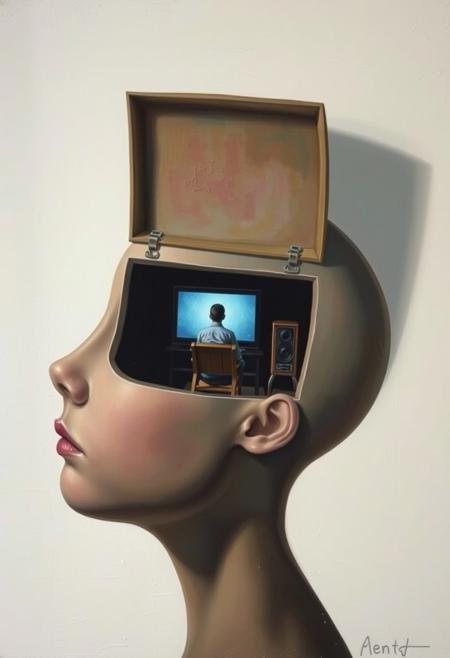 A painting of a persons head which is opened up halfway like a hatch, with a miniature person inside their head sitting on a couch watching television, hard edge painting