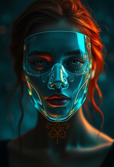 Surrealistic scene of woman with glass face shaped mask covering her entire face, magical, mystic, glowing, high quality, rich details, high sharpness, highly detailed, High Definition, Realistic, 8k, Sharp Focus, intricate details, dynamic angle, warm hues, realistic, photorealism, hd, 8k, high definition, score_9, score_8_up, score_7_up, score_6_up