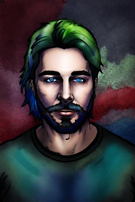 (masterpiece, best quality:1.2),1boy, male focus, solo, <lora:DuskfallArt:.7> , alex brightman as beetlejuice, facial hair, beard, portrait, blue eyes, green hair, looking at viewer, mustache, short hair, digital art,