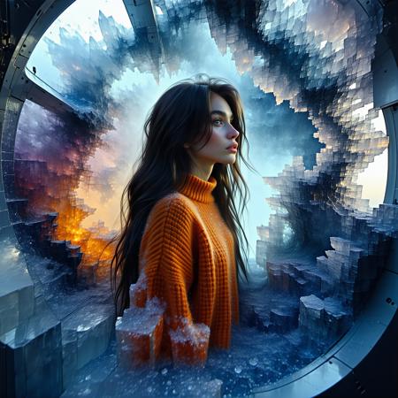 medium portrait, long haired brunette in a space station, alabaster skin, fractured by crystalline sugar highlights, swirling inky chaos, orange wool jumper against liquid gloss.
sugar crystallizes on collarbone. mist hugs to her silhouette, dissolving into surreal patterns.
