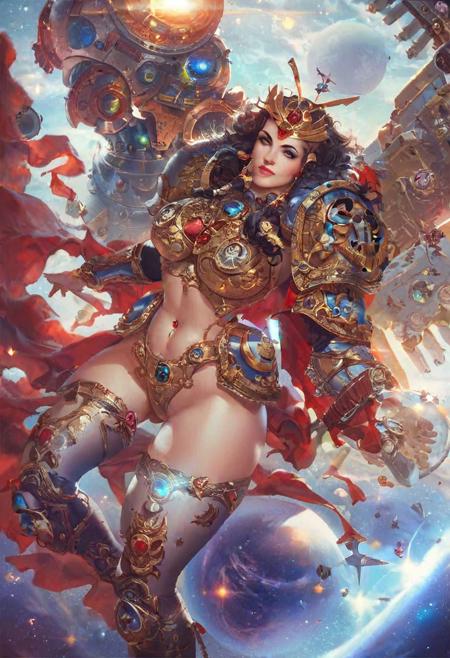 score_9,score_8_up,score_7_up,rating_questionable,beautiful woman 21 years old, anime and manga style, unique futuristic hairstyle, spaceship captain, stockings, revealing Warhammer 40k armor, black hole, space, planets, quantum physics, heavy metal, epic, goddess, empress