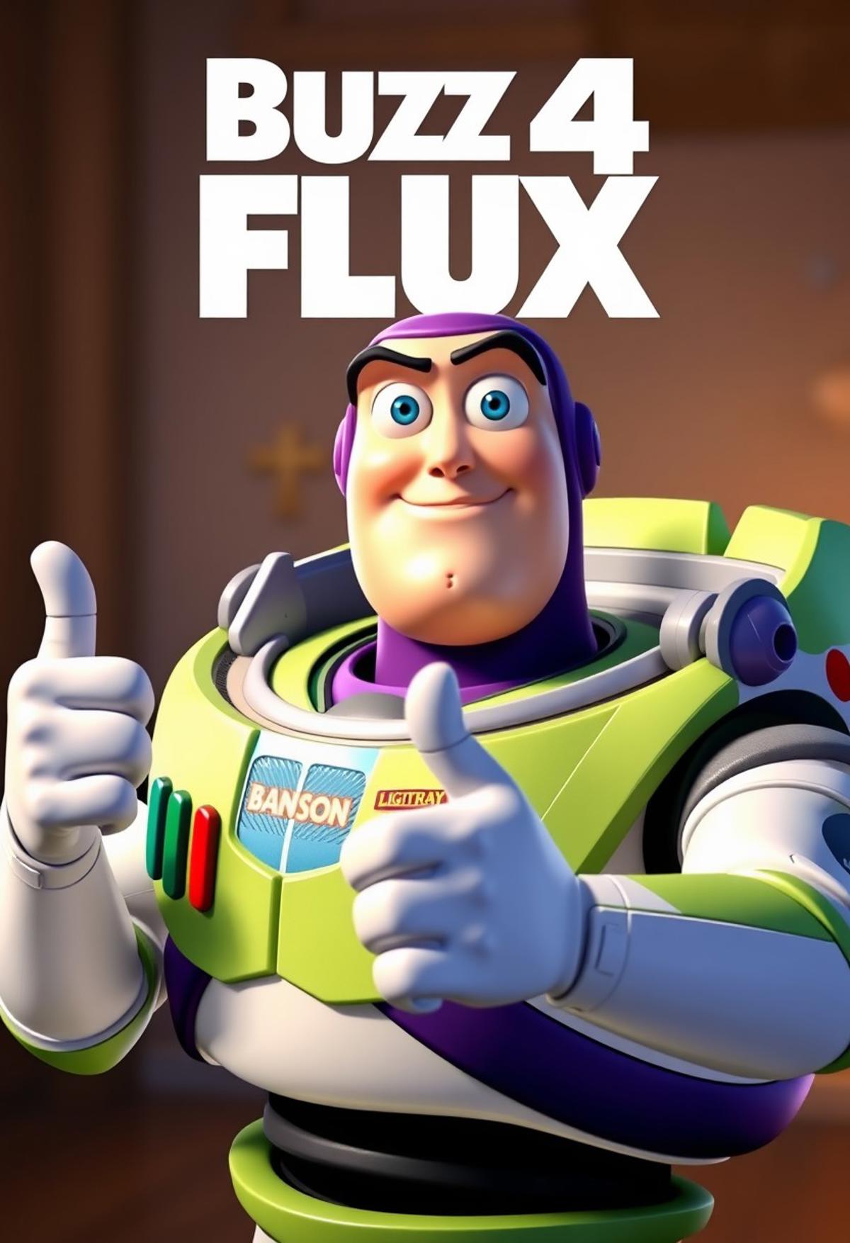 Buzz lightyear character posing with thumbs up saying "Buzz 4 Flux" as a movie poster, photorealistic, high-quality, highly detailed