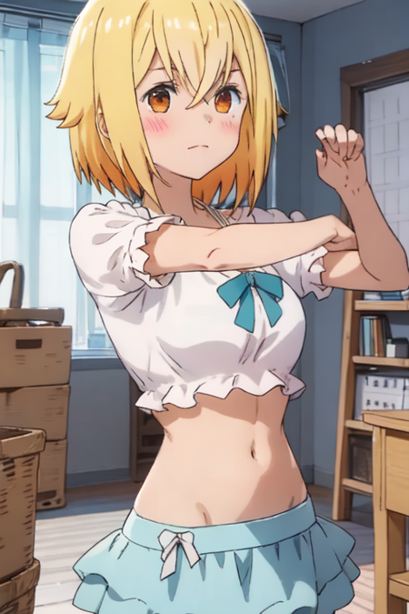 ,Sunao_Nako, 1girl, blush, blonde hair, orange eyes, hair flaps, bangs, skirt, shirt, hair between eyes, swimsuit, white shirt, short sleeves, bikini, frills, puffy sleeves, puffy short sleeves, blue skirt, crop top, looking at the viewer, dancing, room