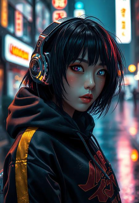 A 4K photorealistic photograph  of a Half-Japanese  male hacker. More Caucasian with freckled nose and cheeks. Black hair with golden frosted tips. Aged 28. Cyberpunk clothing. Hi tech chrome and carbon fibre one eared headset. Bold graphic styled Hoodie with Japanese lettering down a sleeve and a bold golden stripe down each sleeve   The girls eye pupils have swirling Galaxy of stars and specks floating in a nebula pattern   Posed in front of a Rainy city at nite