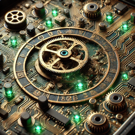 An ancient Greek Antikythera Mechanism reimagined as a futuristic circuit board. Translucent green PCB layers replace the bronze gears; delicate copper traces snake around miniature surface-mount chips and glowing LED indicators that form zodiac symbols. Hyper-realistic macro close-up, ultra-detailed, intricate fusion of mechanical and electronic elements, dramatic ambient lighting, shallow depth of field, 8K resolution, cinematic composition., digital art