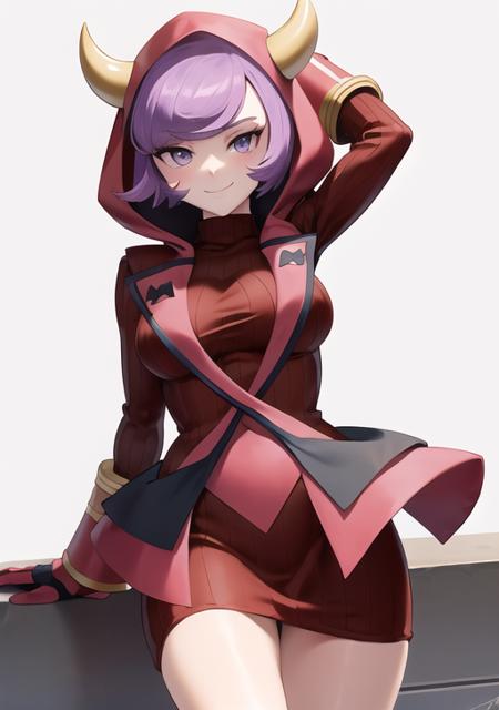 <lora:courtney:0.7>,courtney, 1girl, solo, breasts, looking at viewer, smile, short hair, bangs, simple background, gloves, white background, dress, closed mouth, purple eyes, purple hair, horns, signature, hood, arm up, sweater, eyelashes, red dress, clenched hand, red gloves, ribbed sweater, hood up, fake horns, sweater dress, horned headwear, ribbed dress