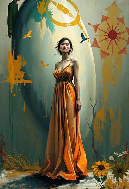 A woman in a flowing gown standing before an enormous, expressive portraiture, painterly abstraction, emotional realism, fauvist color palette, gestural brushwork, rural symbolism, psychological atmosphere, simplified forms, muted and vibrant tones, introspective figures, spontaneous composition, contemporary expressionism, pastoral themes, intuitive linework, minimal background detail, spiritual undertones, dreamlike distortion, narrative ambiguity, human vulnerability, poetic emotion