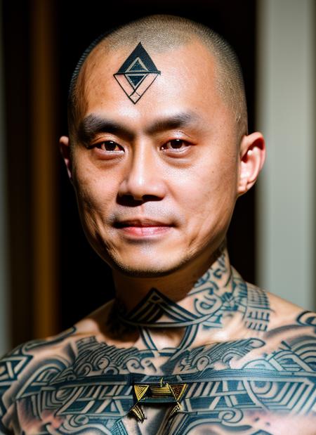 (masterpiece, best quality, awards winner)  close up portrait (Changpeng Zhao)) Binance CEO), bald, chinese man, (triada tattoos:1.5),  1 man,  epic character composition,  sharp focus, natural lighting, subsurface scattering, f2, 35mm, film grain  
 <lora:CZ_2_CH:1>