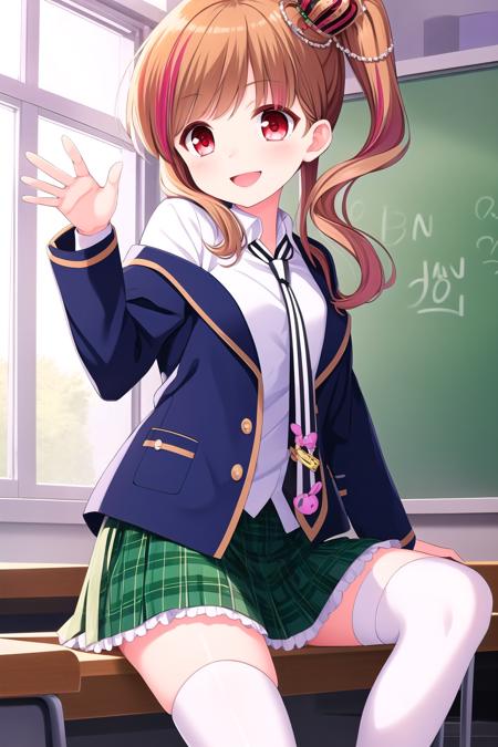 (masterpiece, best quality), highly detailed background, perfect lightingbest quality, amariakari, solo, indoors, classroom, brown hair, two-tone hair, red hair, mini crown, jewelry side ponytail, streaked hair, short hair, red eyes, blue jacket, blazer, off shoulder, striped necktie, white shirt, <lora:GoodHands-vanilla:1>, stuffed toy, stuffed bunny, green skirt, frilled skirt, plaid skirt, white thighhighs, school uniform, smile, open mouth, :d, pink lips, <lora:Amari-Akari:0.7>