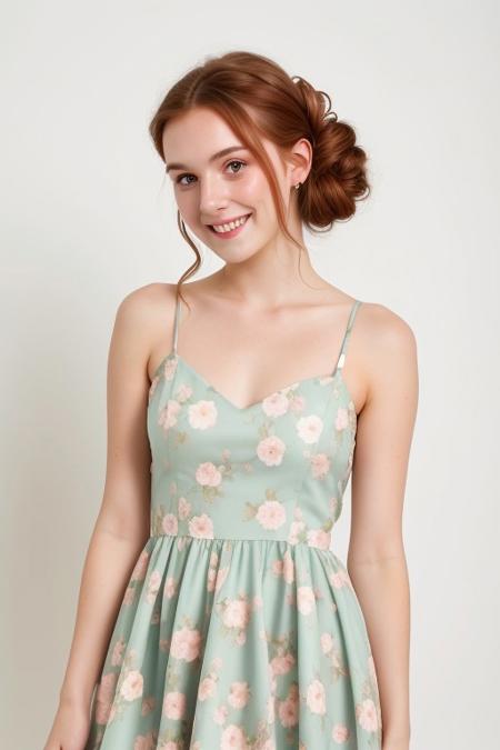 HD, perfect quality, 16k, very detailed,  a beautiful 21yo college girl with ginger hair in an updo, pale skin, wearing a calico floral dress, pink fleckes, green eyes, slim, detailed skin, hair behind ear, smiling proudly, standing in front of white background, pulling her dress off