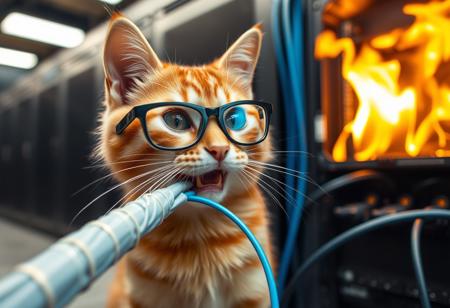 orange striped tabby wearing nerdy glasses, chewing fiber optic cable, breaking fiber optic cables, background: server room catching fire