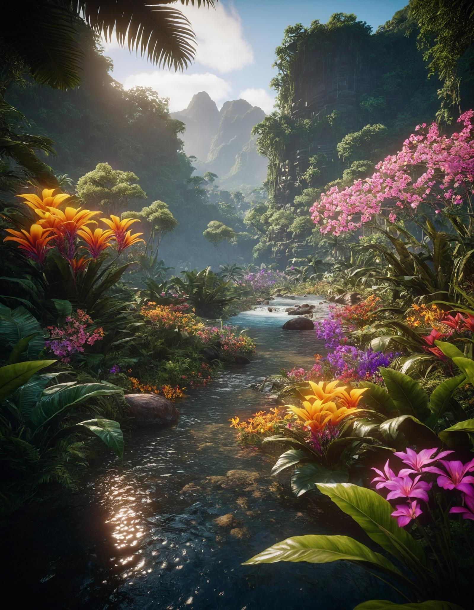 Tropical Flowers and Waterfall in a Lush Forest