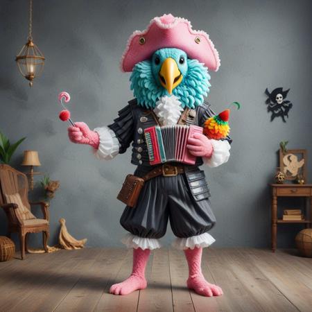 <lora:DiscoBallStyleSDXL:0.7><lora:CottonCandyStyleSDXL:0.9> Carnation and Slate DiscoBallStyle, CottonCandyStyle a pirate with a parrot, singing and playing the accordion for a rowdy crew