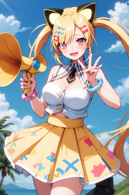 nakamachi arale, long hair, twintails, hairclip, fake animal ears, sleeveless, white shirt, cleavage, necktie, bracelet, yellow skirt, megaphone, holding megaphone, :d, large breasts, masterpiece, best quality, cowboy shot, looking at viewer, standing on one leg, outdoors, blue sky, symbol, back bow