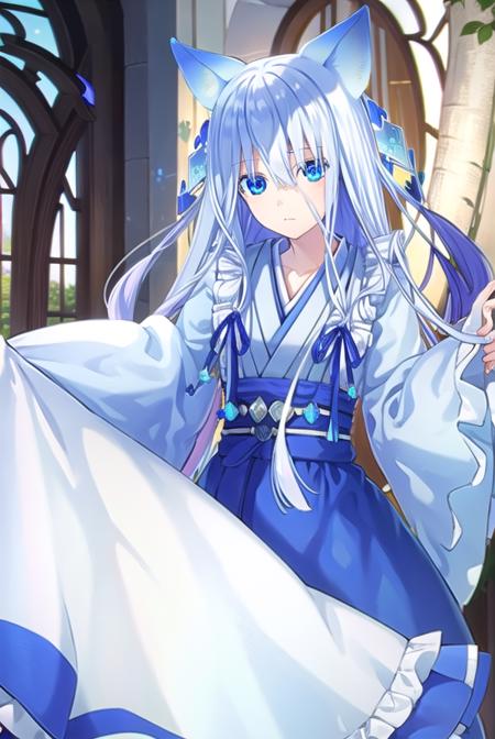 fffkarin, long hair, blue eyes, hair ornament, animal ears, white hair, fox ears, japanese clothes, kimono, long sleeves, wide sleeves, ribbon, blue ribbon,