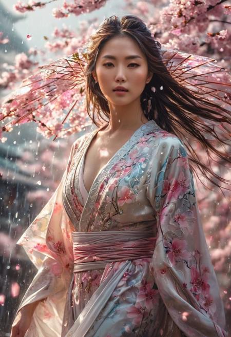 Beautiful women with long hair, 
look into the camera, 
in the cherry blossom rain, 
art by Ryohei Hase, 
dress is flying in the wind, 
full body, 
intricate details, 
liquid structure, 
clear lines, 
stunning, 
something that even doesn't exist, 
mythical being, 
energy, 
molecular, 
textures, 
iridescent and luminescent scales, 
breathtaking beauty, 
pure perfection, 
divine presence, 
unforgettable, 
impressive, 
breathtaking beauty, 
Volumetric light, 
auras, 
rays, 
Miki Asai Macro photography, 
close-up, 
hyper detailed, 
trending on artstation, 
sharp focus, 
studio photo, 
intricate details, 
highly detailed, 
by greg rutkowski
