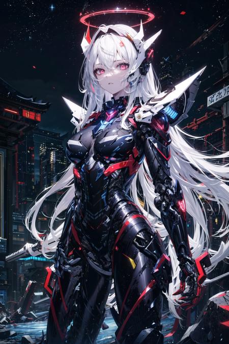 masterpiece,best quality,ultra-detailed,very detailed illustrations,extremely detailed,intricate details,highres,super complex details,extremely detailed 8k cg wallpaper,cowboy shot,

caustics,reflection,ray tracing,demontheme,nebula,dark aura,cyber effect,

(1girl:1.4),solo,alone,mecha musume,mechanical parts, robot joints,single mechanical arm, headgear,

mechanical halo,star halo,intricate mechanical bodysuit, mecha corset, kimono, full armor,

very long hair,white hair, hair between eyes, multicolored hair, colored inner hair,

red eyes,glowing eye,eye trail,

random expressions,random action,

ancient japanese architecture,pond, starry sky,skyline,

<lora:A-mechaREN[color_theme,mecha musume, mechanical parts, robot joints,headgear,full armor]:1>