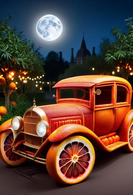 a victorian car made of blood orange style, night, full moon, fantastic atmosphere