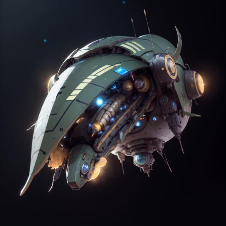 <lora:sp4c3sh1p:0.8> caterpillar spaceship, flying, black background