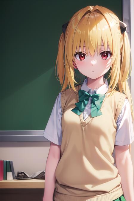 toloveruyami, <lyco:toloveruyami-lyco-nochekaiser:1>, 
yami, (yellow hair:1.5), long hair, (red eyes:1.5), (hair ornament:1.2), two side up, (small chest:1.2), 
BREAK school uniform, shirt, white shirt, bow, (green bow:1.5), skirt, (green skirt:1.2), pleated skirt, short skirt, sweater, (light brown sweater vest:1.5), short sleeves,
BREAK indoors, classroom,
BREAK looking at viewer, (cowboy shot:1.5),
BREAK <lyco:GoodHands-beta2:1>, (masterpiece:1.2), best quality, high resolution, unity 8k wallpaper, (illustration:0.8), (beautiful detailed eyes:1.6), extremely detailed face, perfect lighting, extremely detailed CG, (perfect hands, perfect anatomy),