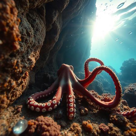 a very detailed close picture of a n octopus underwater near an intricate rock formation, sunlight pasing throw water