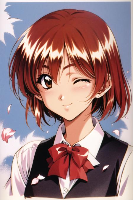 Yuu Nanase, 1girl, solo, petals, short hair, one eye closed, flower, smile, brown eyes, vest, upper body, 1990s \(style\), white background, retro artstyle, brown hair, simple background, red hair, looking at viewer, shirt,  <lora:Mizutani Tooru:0.8>