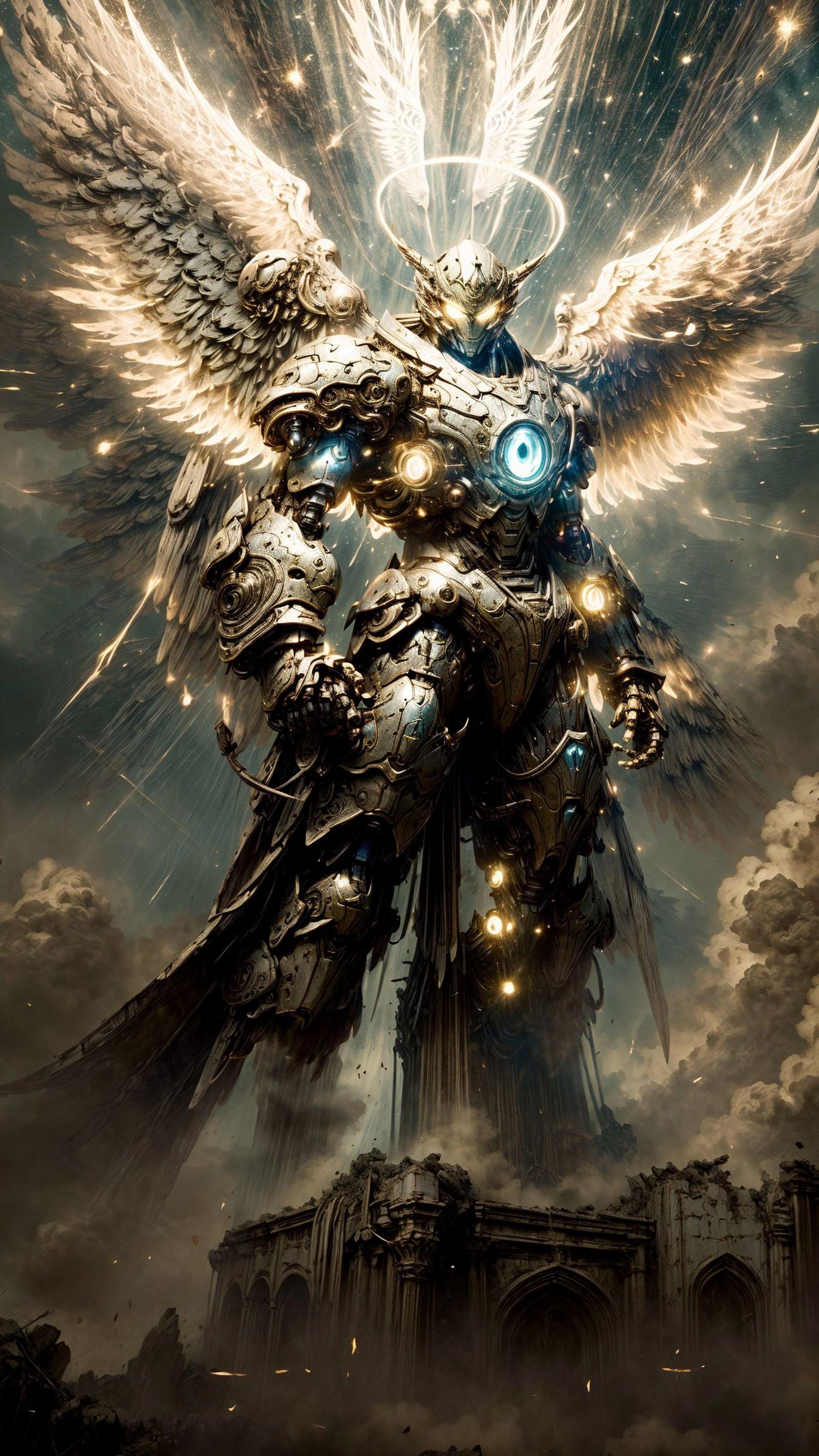 A robotic angel with wings and armor stands in the clouds.
